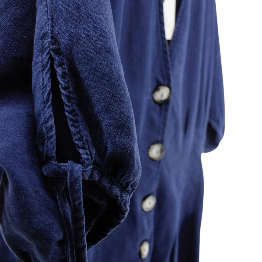 NEW Zara Navy Linen Blend Deep V Short Romper Resort‎ Coastal Vacation M